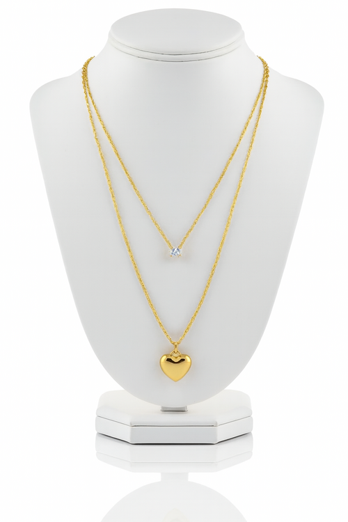Gold Heart & Diamond Pendant Necklace Set-D 12